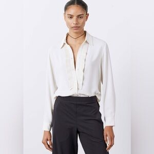 White Tuxedo Blouse with Ruffle Detail